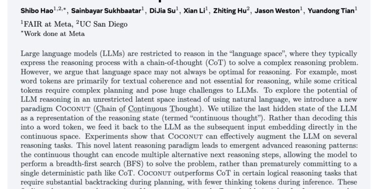 Coconut：连续思维链 一种新的大语言模型推理方法 直接在内部思考